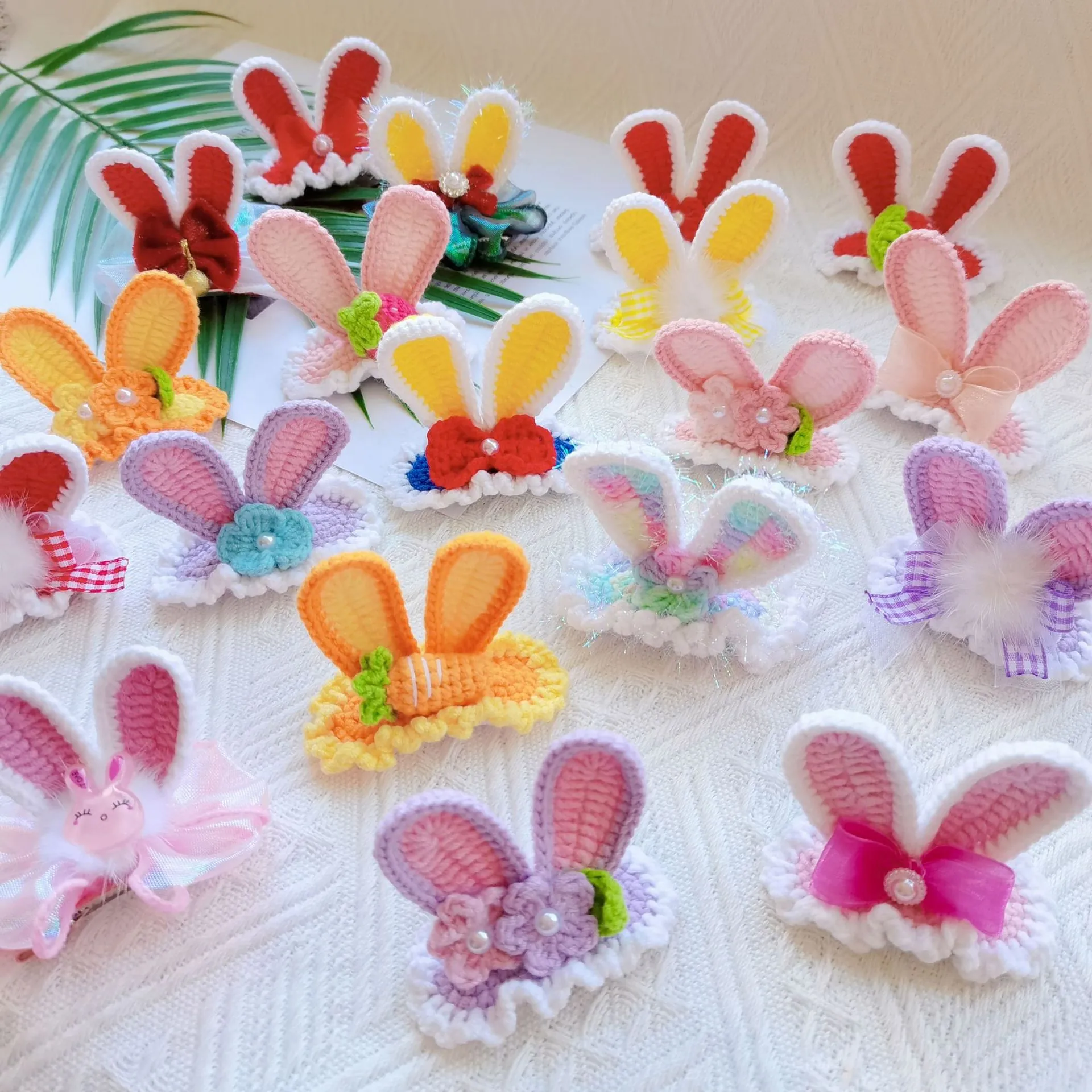 Handmade Crochet Knitted Rabbit Ears Hair Clips Strawberry Carrot Yarn Hairpins For Girls Kids Cute Headwear