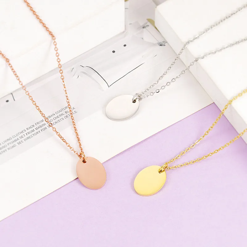 Minimalist Oval Round Plain Pendant Necklace 304 Stainless Steel Mirror Polished Geometric Jewelry For Women