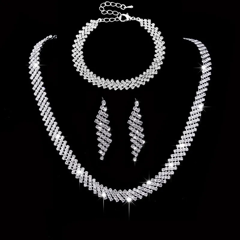 Gioielli Da Sposa Con Strass Collana Orecchini Bracciale Per Donna Matrimonio Festa Rame Tono Argento Zircone Lucido Lusso