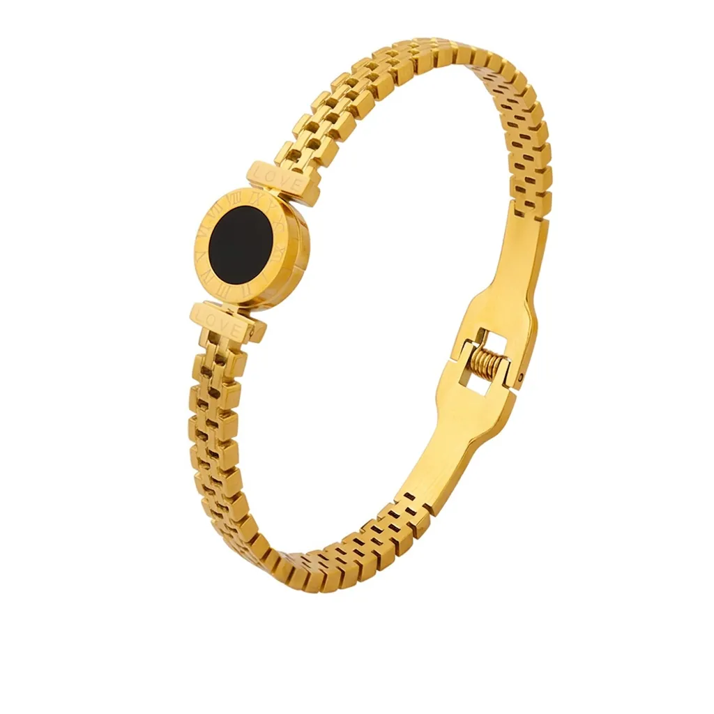 Bracciale Rigido In Acciaio Al Titanio Placcato Oro 18K Con Numeri Romani Disco In Acrilico Nero Stile Cinturino Orologio