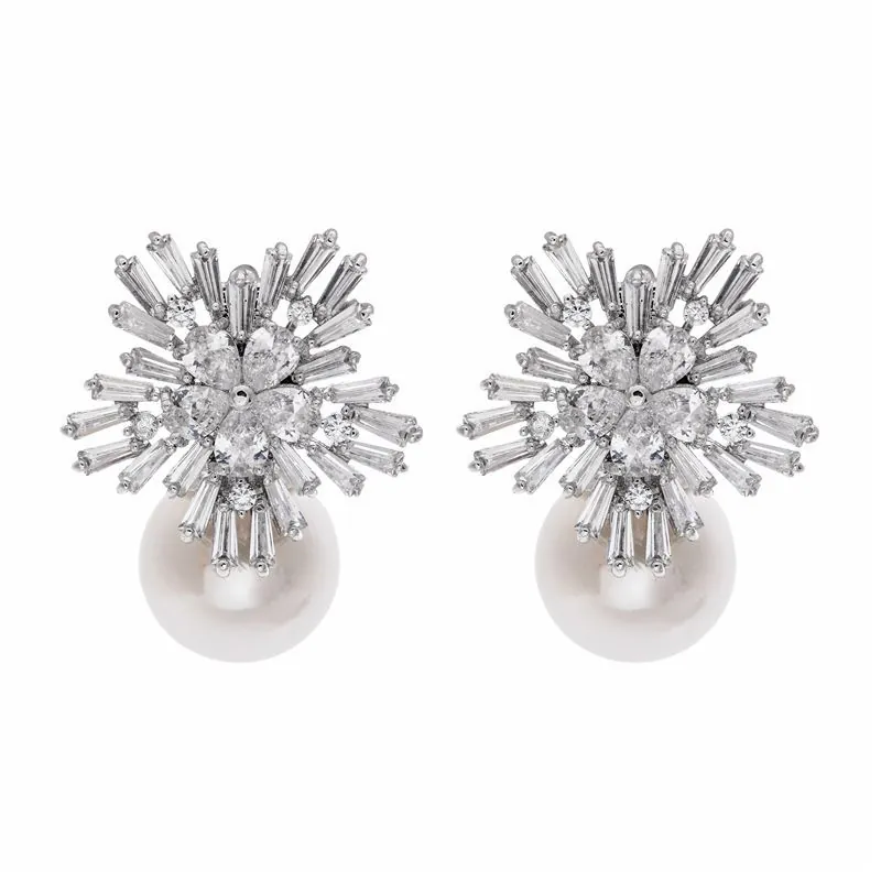 Snowflake Dangle Earrings Zircon Inlaid Artificial Pearl Elegant Women Jewelry With 925 Sterling Silver Earring Post