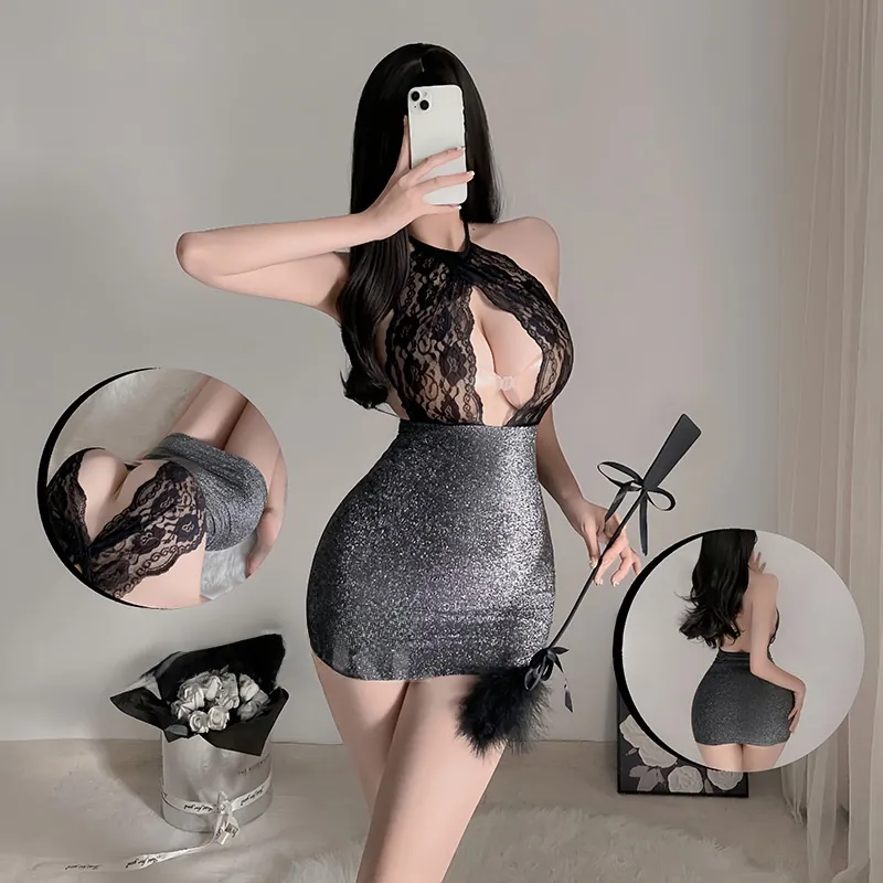 Sexy Halter Lingerie Lace Mesh Bodycon Mini Dress Backless Nightwear Transparent Hollow Out Dress And Thong For Women
