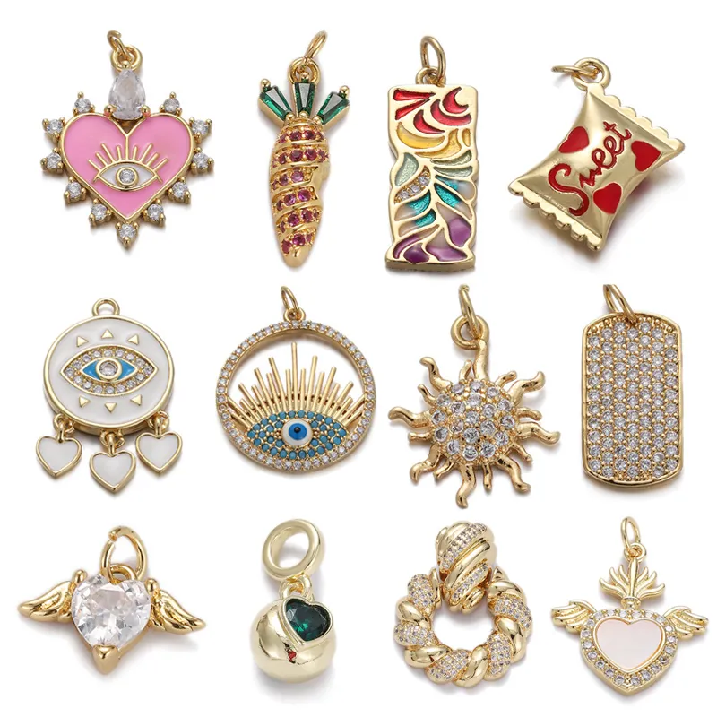 Ciondoli Per Gioielli Fai Da Te Rame Placcato Oro 18K Malocchio Cuore Sole Zirconia Smalto Moda Tendenza Donne Ragazze