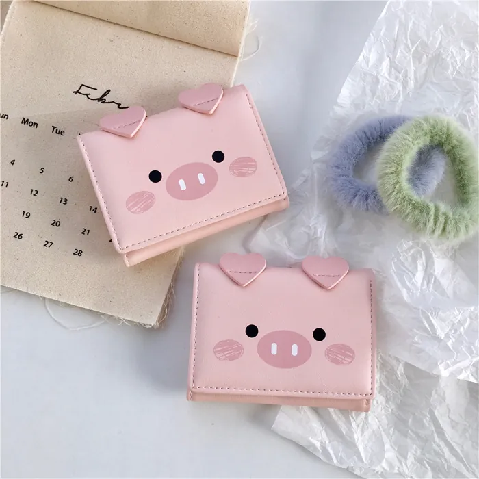 Cute Cartoon Piggy Short Trifold Wallet For Women Girl Heart Ear Decor Small Polyester Coin Purse Card Holder Gift
