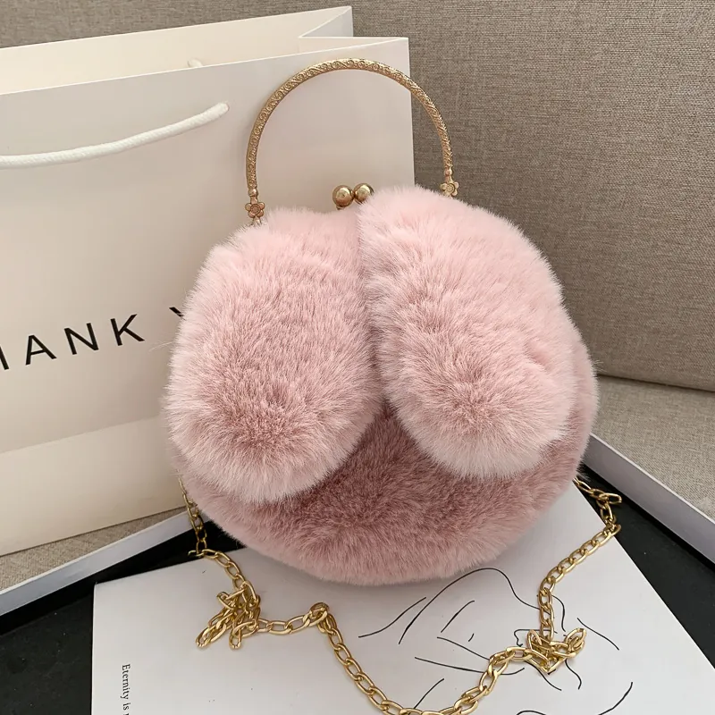 Cute Women Plush Crossbody Bag Faux Fur Rabbit Ears Handbag Metal Chain Handle Kiss Lock Vintage Style For Girls