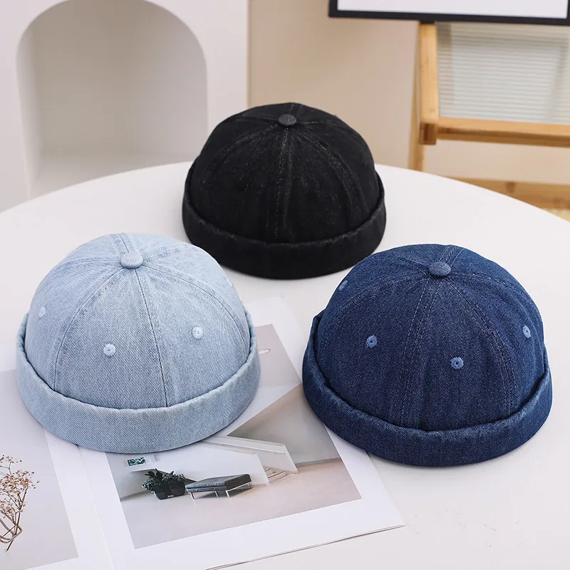 Retro Cotton Denim Brimless Docker Hat Adjustable Distressed Miki Hat Casual Streetwear Headwear