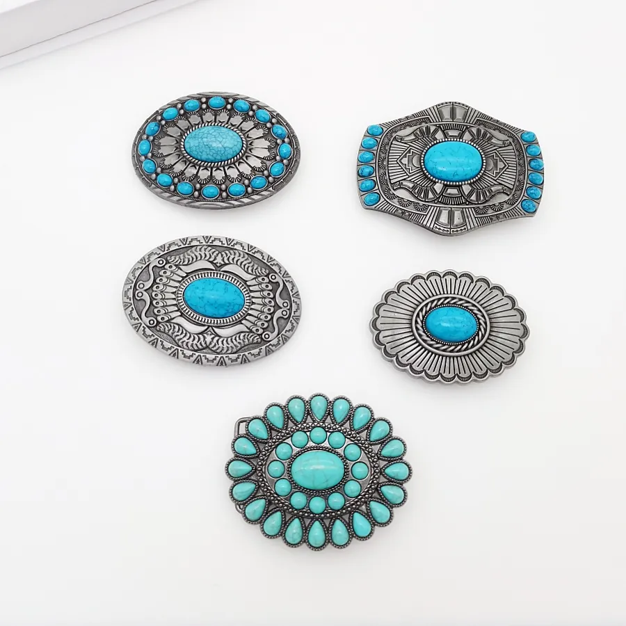 Vintage Western Belt Buckle Zinc Alloy Faux Turquoise Inlay Oval Bohemian Cowboy Style