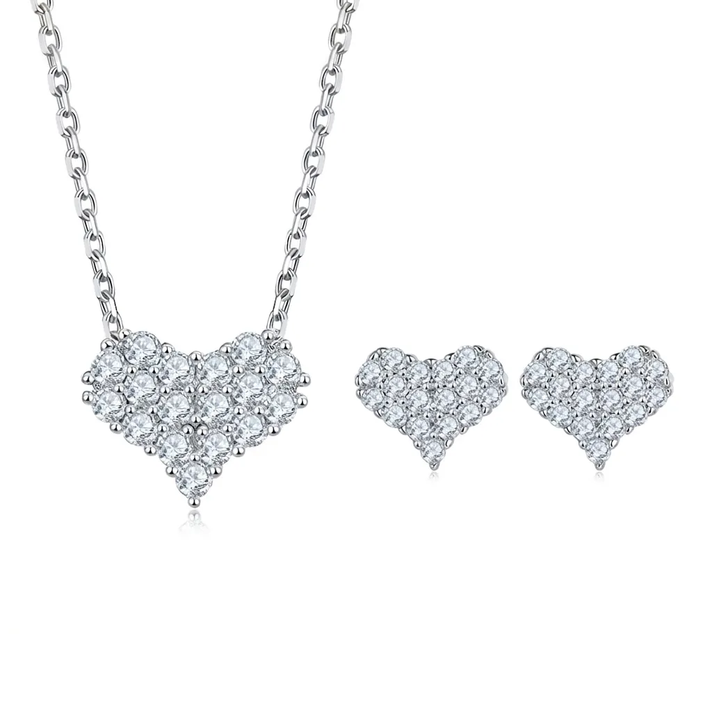 Moissanite 18K White Gold 925 Sterling Silver Heart Jewelry Set For Women D Color VVS Heart Necklace Earrings Bracelet Jewelry