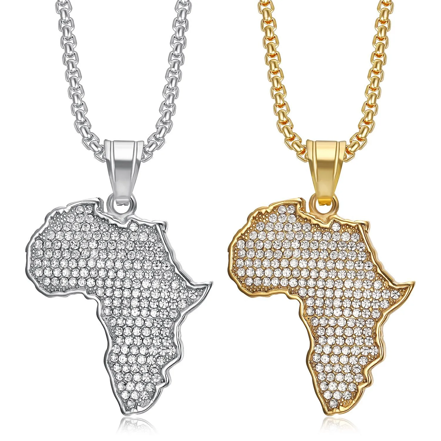 Collier Pendentif Carte Afrique Acier Titane Iced Out Strass Hip Hop Streetwear Bijoux Pour Hommes Femmes Or Argent