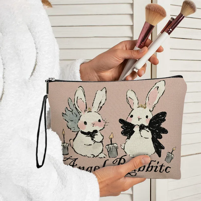 Trousse De Maquillage Imprimé Lapin Ange Tissu Imitation Lin Pochette Zippée Organisateur De Toilette De Voyage Pour Femmes