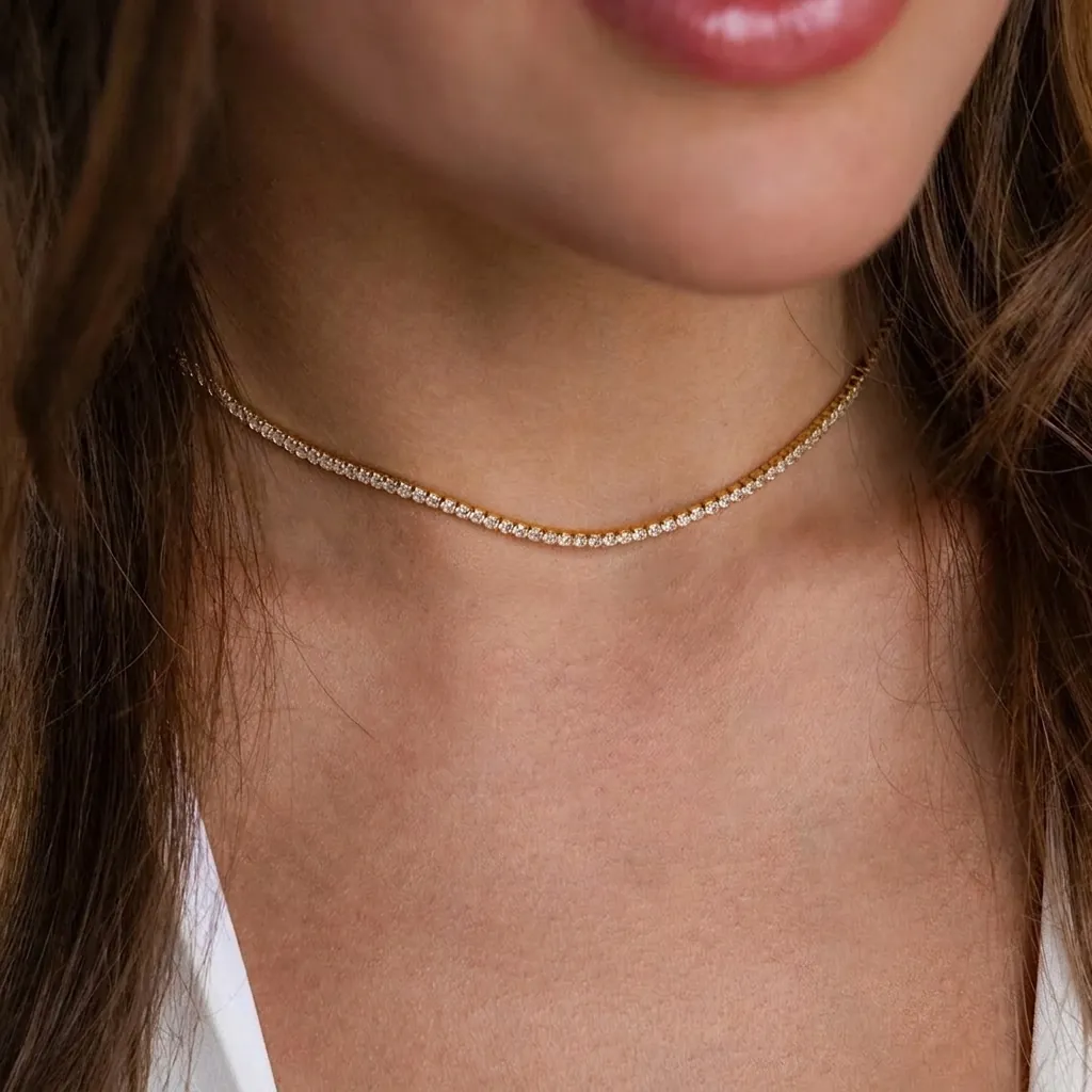 Elegant Single Row Rhinestone Tennis Necklace Stainless Steel Round Zircon Choker For Women Luxury Fashion Accessory