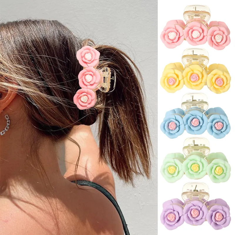 Camellia Rose Flower Hair Claw Clip Plastic Resin Sweet Aesthetic Large Shark Clip Hair Accessory For Women Girls