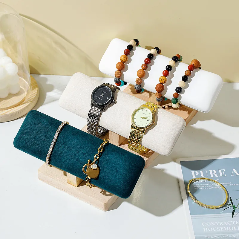 Solid Wood Jewelry Display Stand Single Layer T-Bar Bracelet Watch Holder Velvet PU Leather Minimalist Organizer Countertop