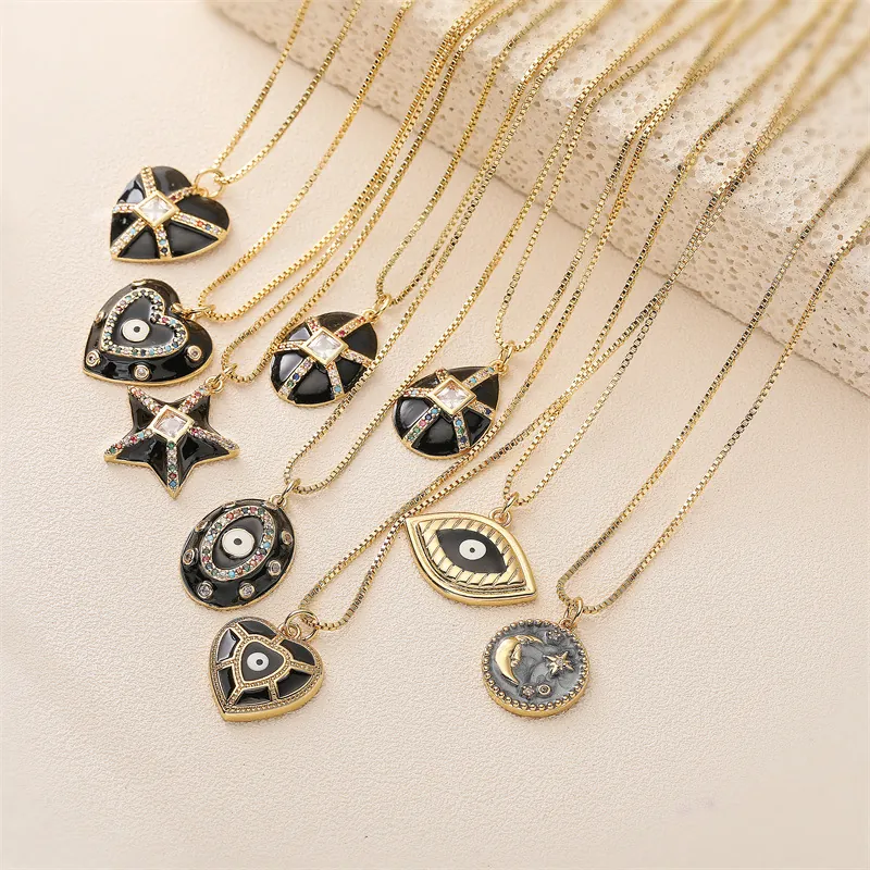 Collier Pendentif En Cuivre Vintage Émail Noir Mauvais Œil Cœur Étoile Zircone Cubique Colorée Bijoux Pour Femmes
