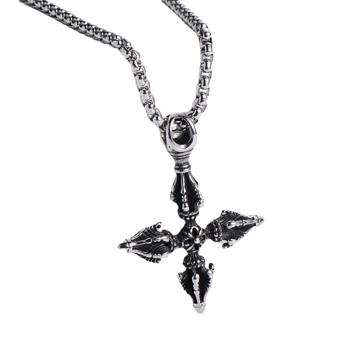 Vajra Pestle Cross Pendant Necklace 316 Stainless Steel Vintage Gothic Punk Style Embossed Jewelry For Men