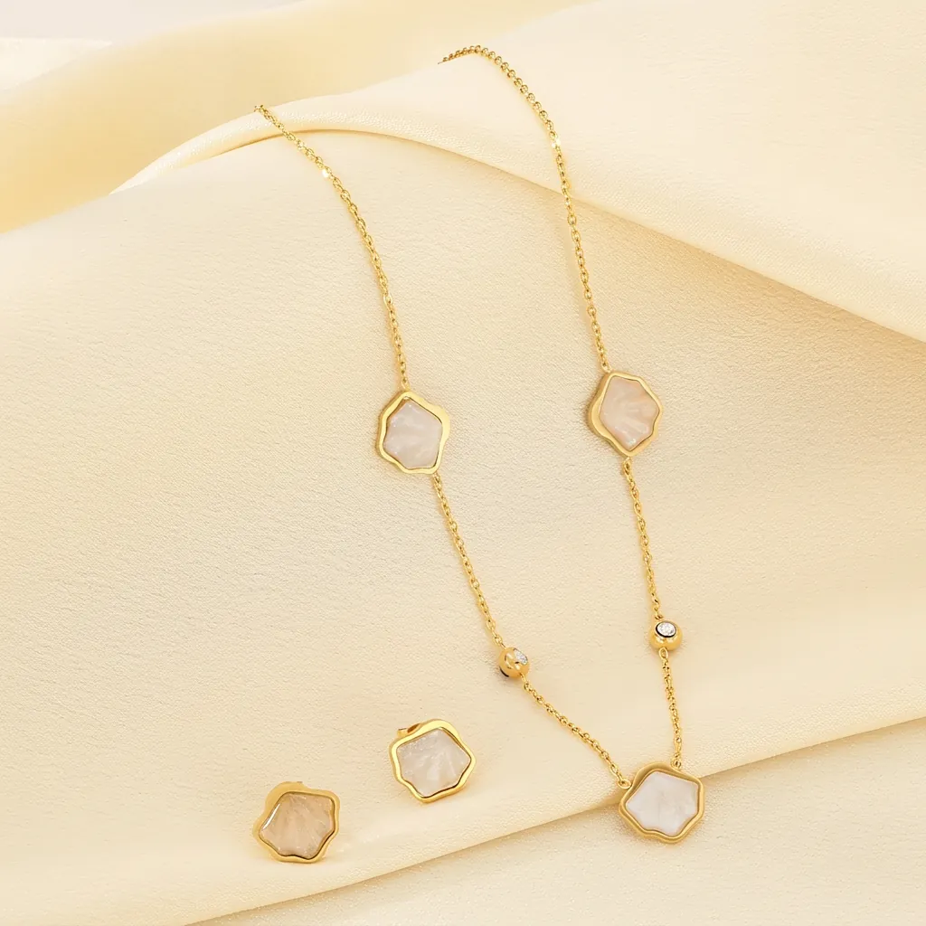 Collier Et Boucles D'oreilles En Acier Inoxydable Or Nacre Coquillage Fleur Strass Élégant Femmes Chaîne Clavicule