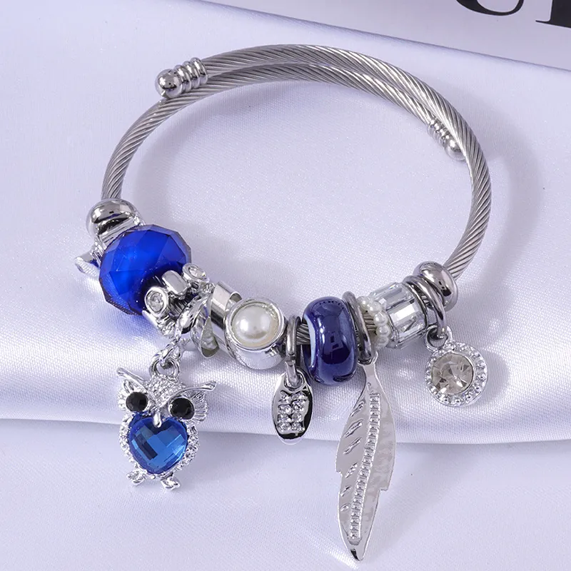 Edelstahl Armband Mit Eule Anhänger Herz Strass Feder Perlen Verstellbarer Armreif Für Damen Modeschmuck