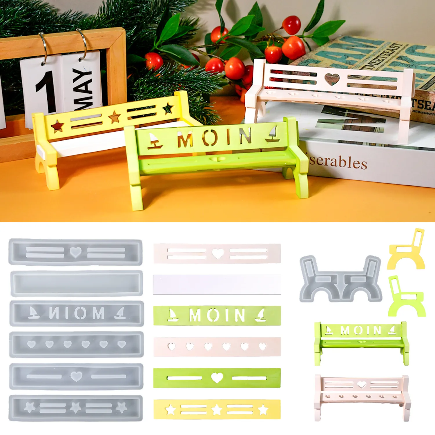 Miniature Park Bench Silicone Mold DIY Epoxy Resin Casting For Micro Landscape Decoration Hollow Heart Star Design