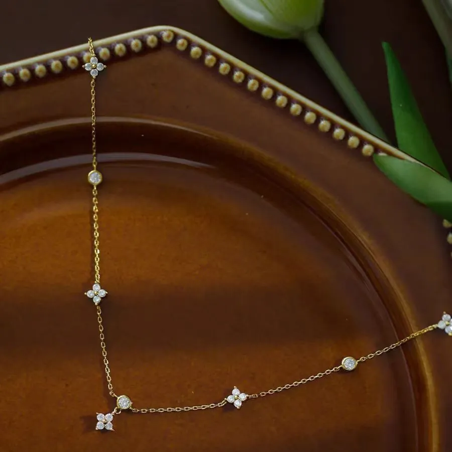 Luxury 925 Sterling Silver Clover Necklace Gold Plated Rhinestone Lucky Flower Clavicle Chain For Women Fashion Jewelry Gift
