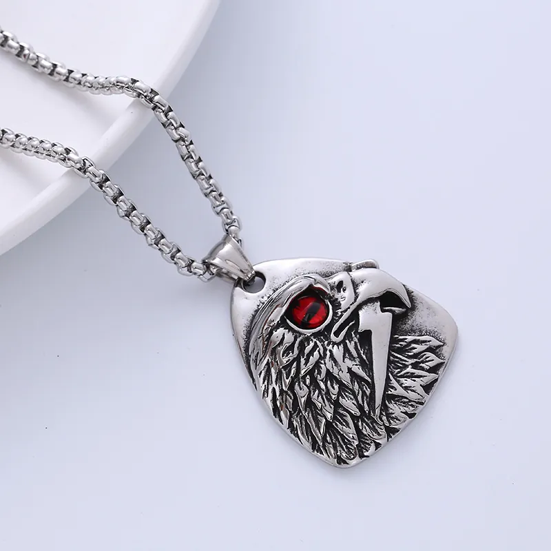 Men's Eagle Head Pendant Necklace 316L Stainless Steel Retro Punk Rock Viking Jewelry With Red Eyes Box Chain