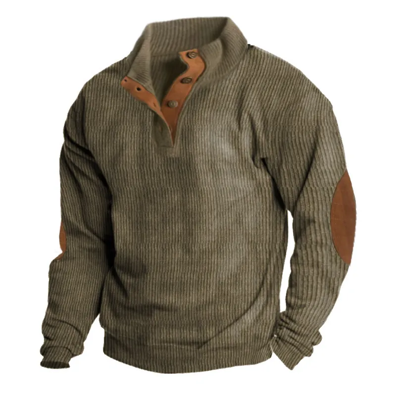 Men's Corduroy Henley Pullover Sweatshirt Long Sleeve Casual Top With Contrast Elbow Patches Vintage Button Up Top