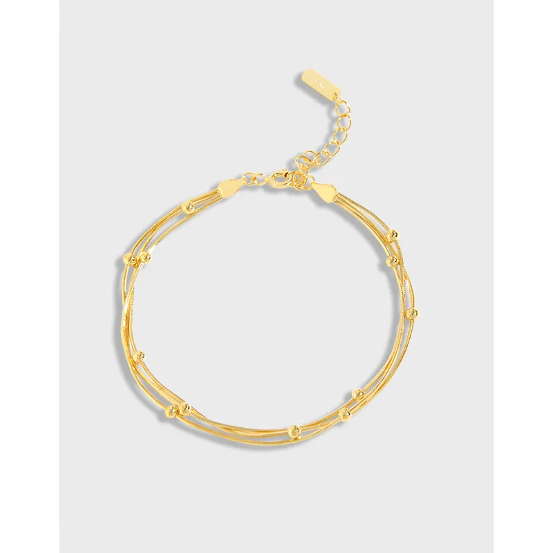 Koreanisches S925 Sterlingsilber Dreischichtiges Schlangenkette Armband Runde Perle Geometrisches Design Schmuck Damen