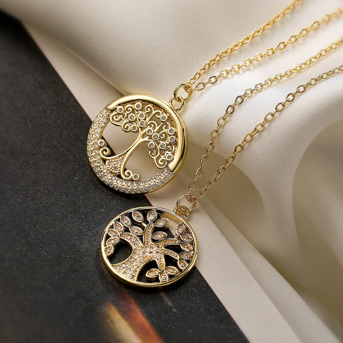 Fashion Copper Gold Plated Tree Of Life Pendant Necklace Women Zirconia Round Geometric Minimalist Choker Necklace Jewelry