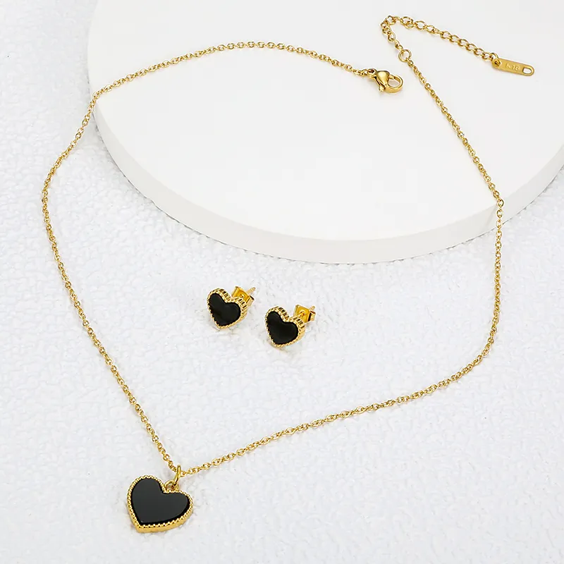 Heart Pendant Necklace And Stud Earrings Jewelry Stainless Steel Black Enamel Elegant Minimalist Women Accessories