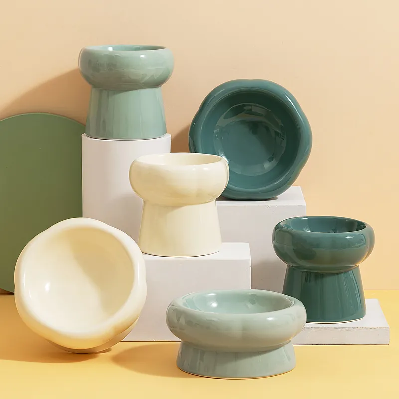 Ceramic Pet Cat Bowl Flower Shaped Elevated Tilted Feeding Dish For Cervical Protection Modern Dog Food Water Tray