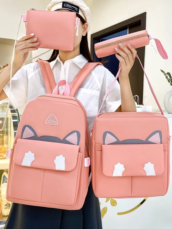 Cute Cat Ears Backpack Shoulder Bag Pouch Pencil Case Canvas Large Capacity School Travel Students Lightweight