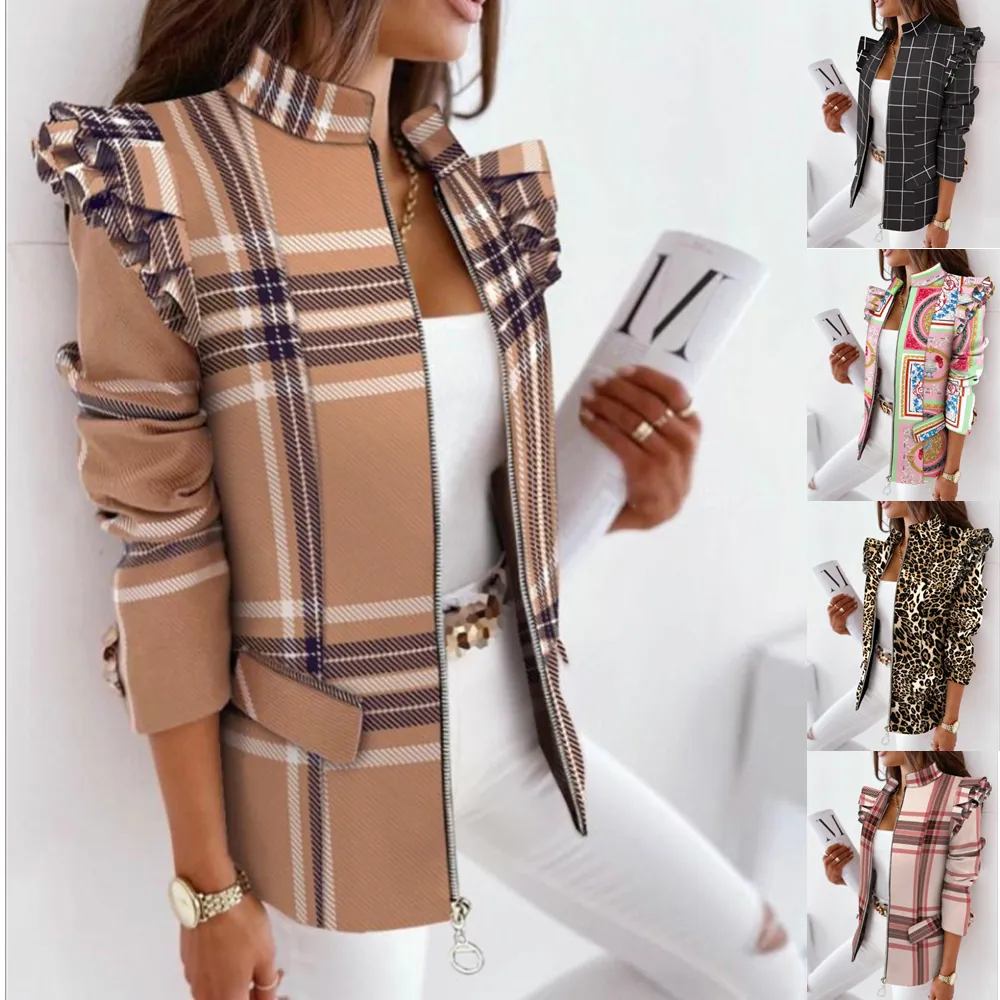 Veste Femme Coupe Slim Épaule À Volants Col Montant Zippé Blazer Imprimé Manches Longues Polyester Coton Vêtements D'extérieur