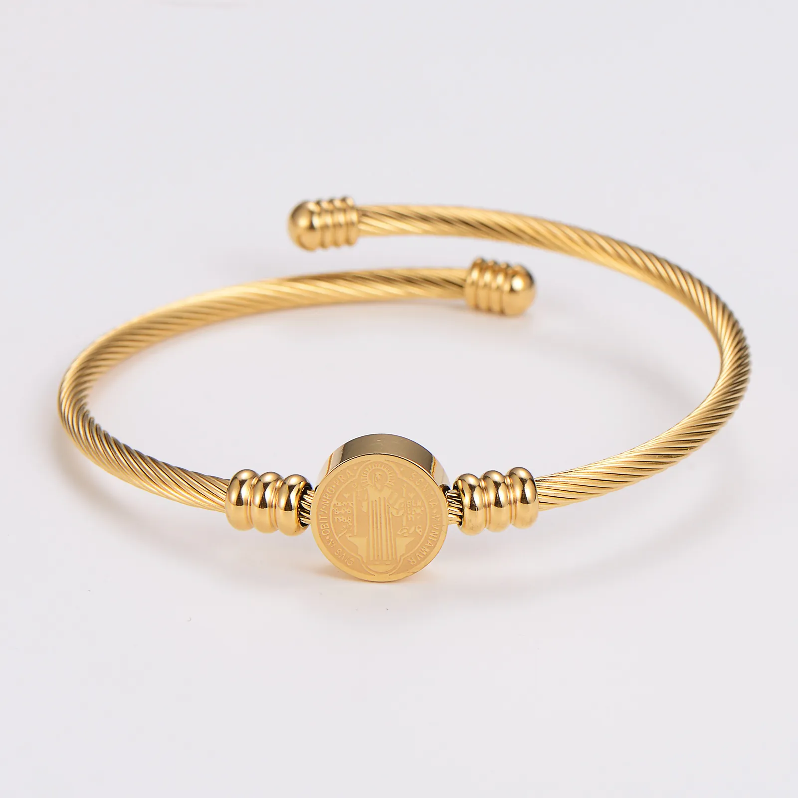 Saint Benedict Medal Open Cuff Bracelet 304 Stainless Steel Gold Plated Twisted Rope Religious Adjustable Jewelry Women