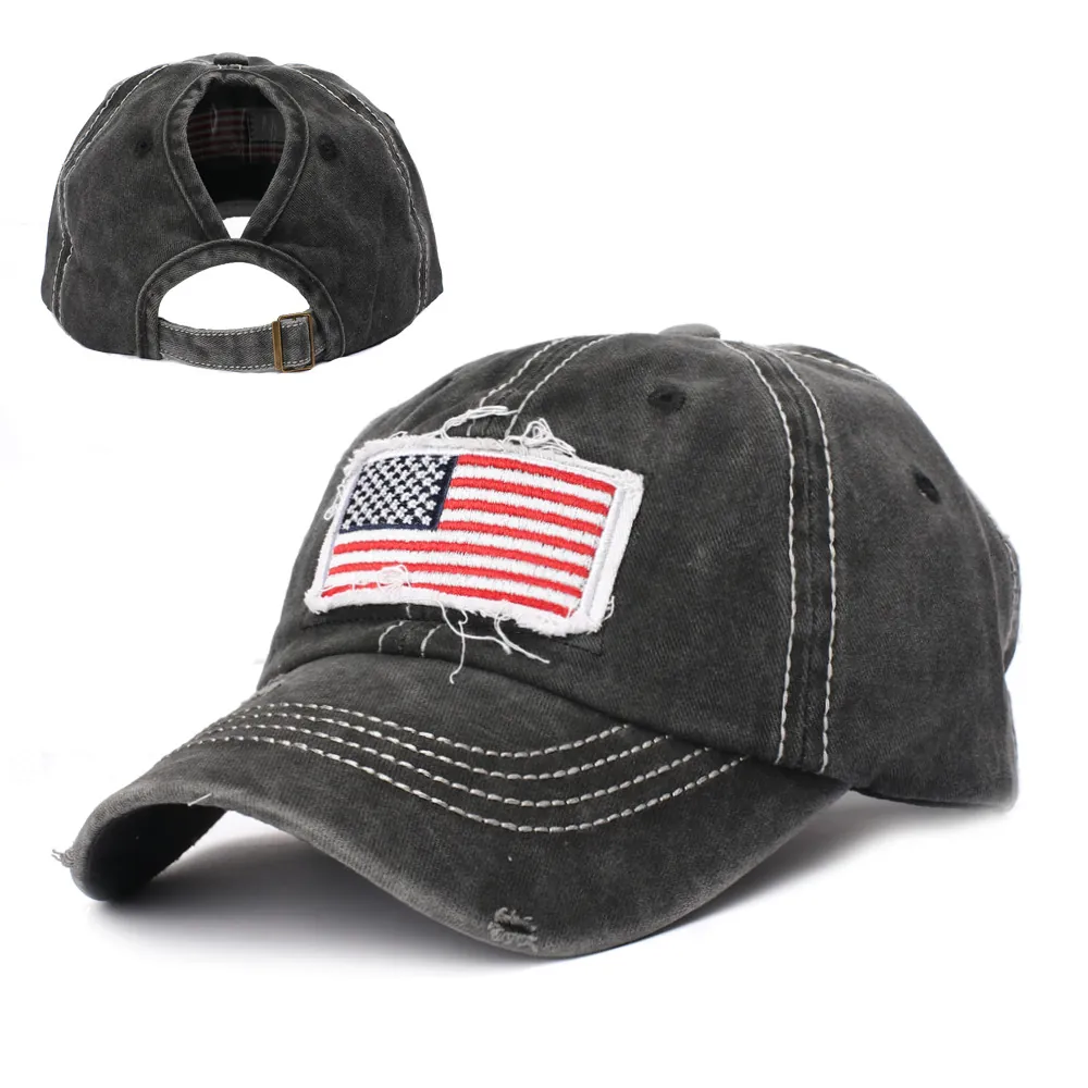 Ponytail Baseball Cap Washed Cotton Distressed Ripped US Flag Patch Messy Bun Hole Adjustable Hat For Women