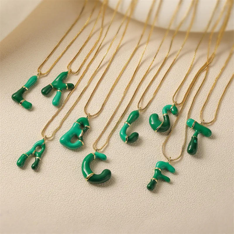 Collana Con Pendente Lettera Iniziale Smalto Verde Rame Trama Bambù Catena Box Gioielli Moda Donna