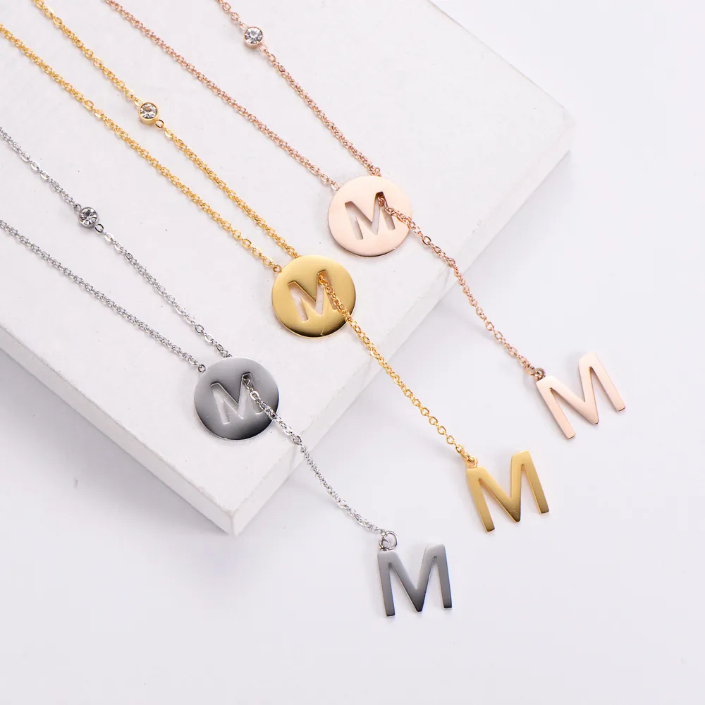 Stainless Steel Necklace Women Double Letter M Pendant Zircon Inlaid Minimalist Y Shaped Choker Dainty Jewelry Gift