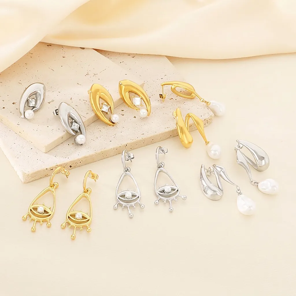 Boucles D Oreilles Pendantes Mauvais Oeil Acier Inoxydable Avec Künstliche Perle Et Zircone Creux Ethnique Forme V Pour Femme