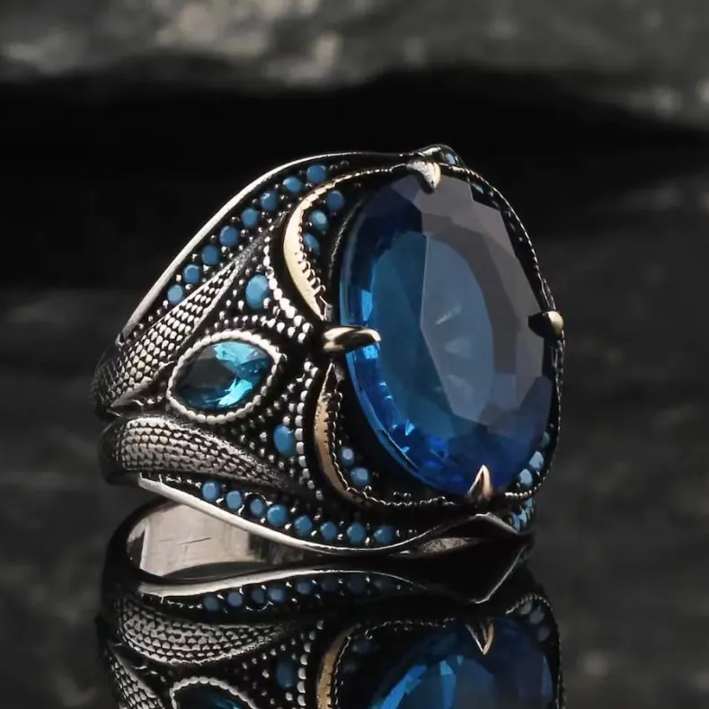 Men Ring Vintage Retro Punk Ethnic Style Blue Oval Synthetic Sapphire Alloy With Antique Silver Finish Engraved Pattern