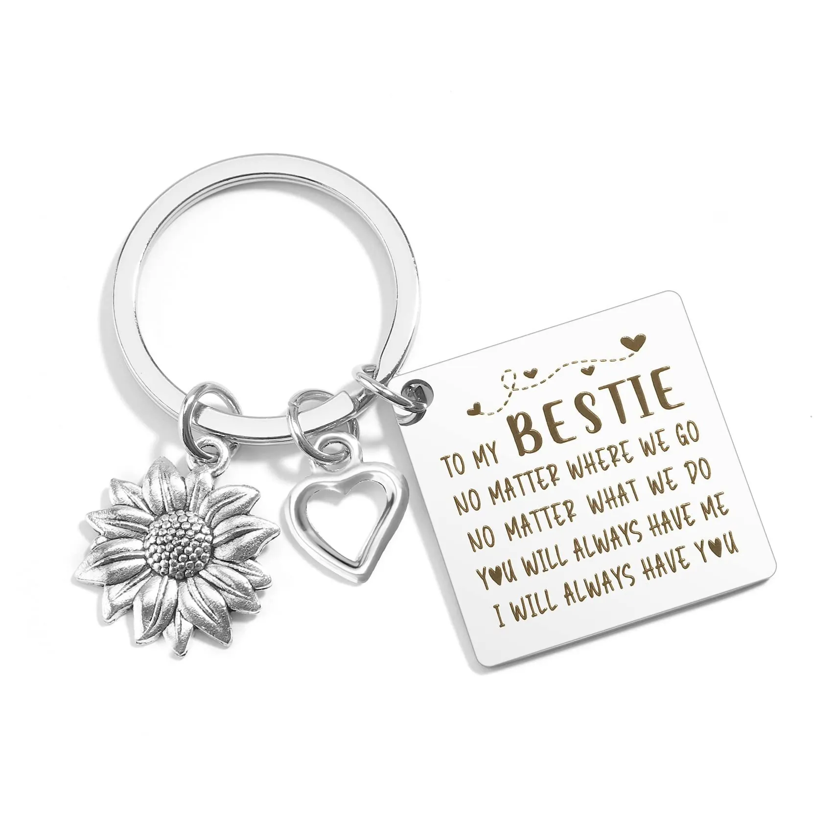 Porte-clés Bestie Alliage Acier Inoxydable Gravé Citation Coeur Tournesol Pendentif Cadeau Amitié Pour Soeurs