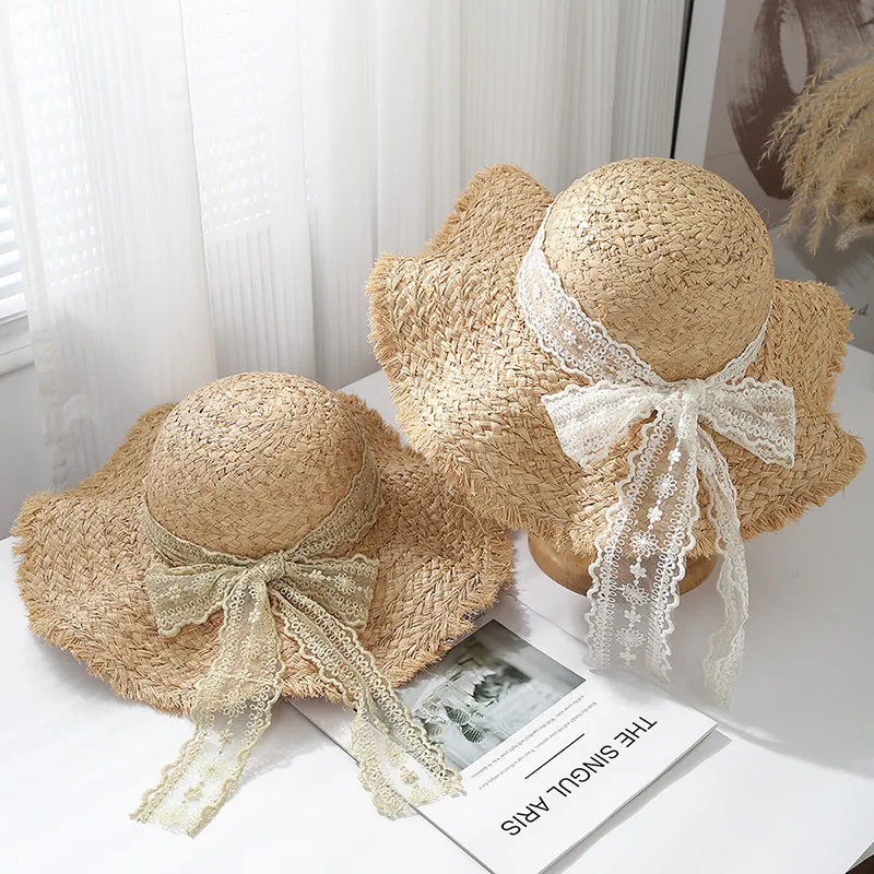 Cappello Da Sole In Paglia Di Raffia Donna Tesa Larga Cappello Da Spiaggia Pizzo Fiocco Traspirante Elegante Vacanze