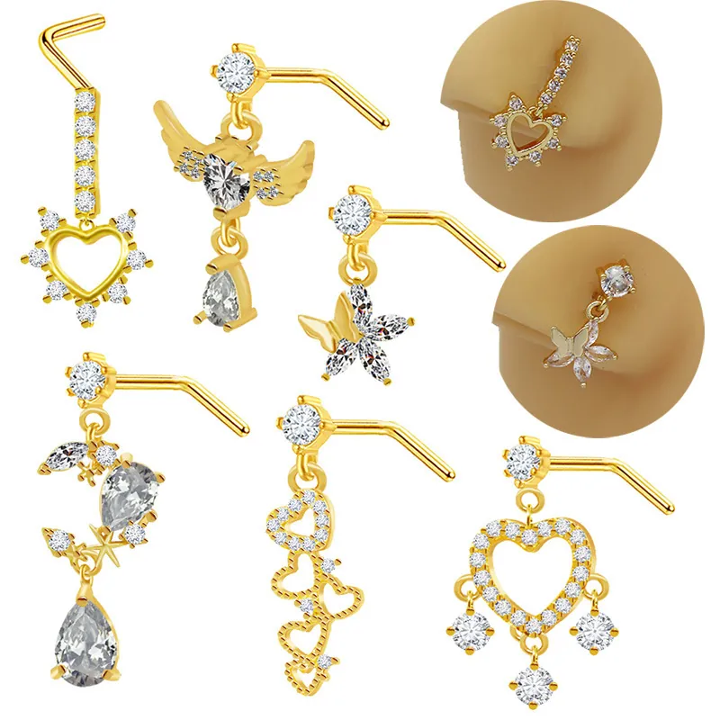 Titanium Steel Heart Butterfly Rhinestone Nose Stud L-Shape Bar Piercing Jewelry Gold Color For Unisex Body Jewelry