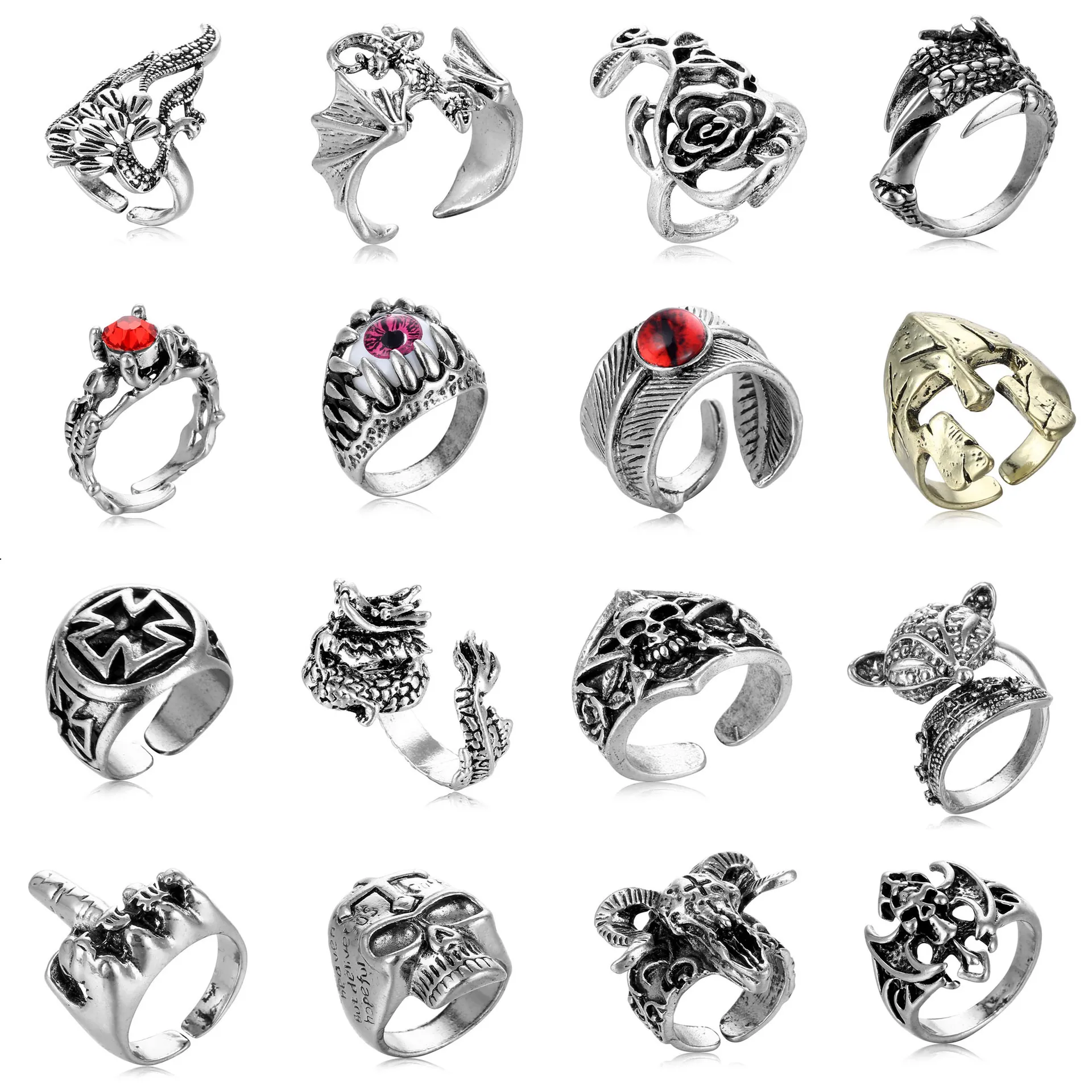 Vintage Gothic Punk Rings For Men Women Alloy Antique Silver Skull Dragon Eagle Claw Adjustable Open Band Finger Jewelry