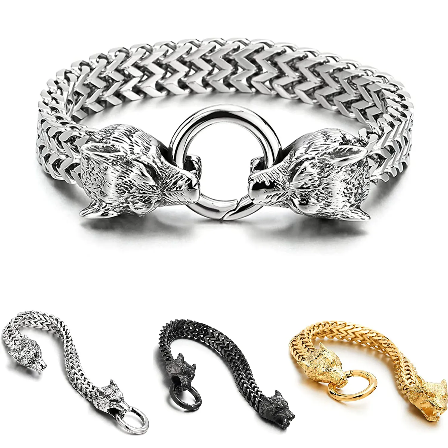 Wolf Head Viking Bracelet Stainless Steel Vintage Franco Link Chain Punk Nordic Jewelry For Men Accessories