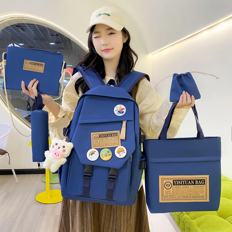 Nylon School Backpack Tote Shoulder Bag Pencil Case Drawstring Bag Campus Student Girls Preppy Style With Bear Pendant