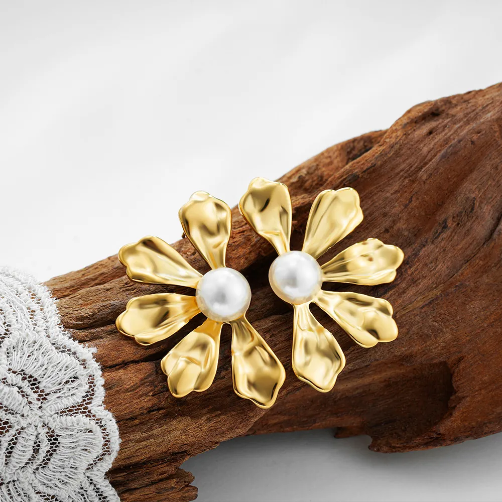 Vintage Large Flower Earrings With Artificial Pearl Stainless Steel Gold Plated Elegant Jewelry For Women