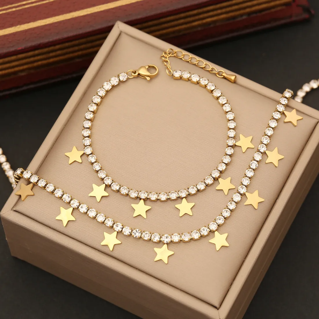 Collana E Bracciale Catena Tennis Con Ciondolo A Stella Con Strass In Acciaio Inossidabile Placcato Oro Gioielli Per Donna