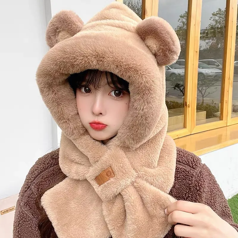 Hooded Scarf Hat Integrated Faux Fur Plush Warm Thickened Cute Animal Ears Windproof For Women Girls