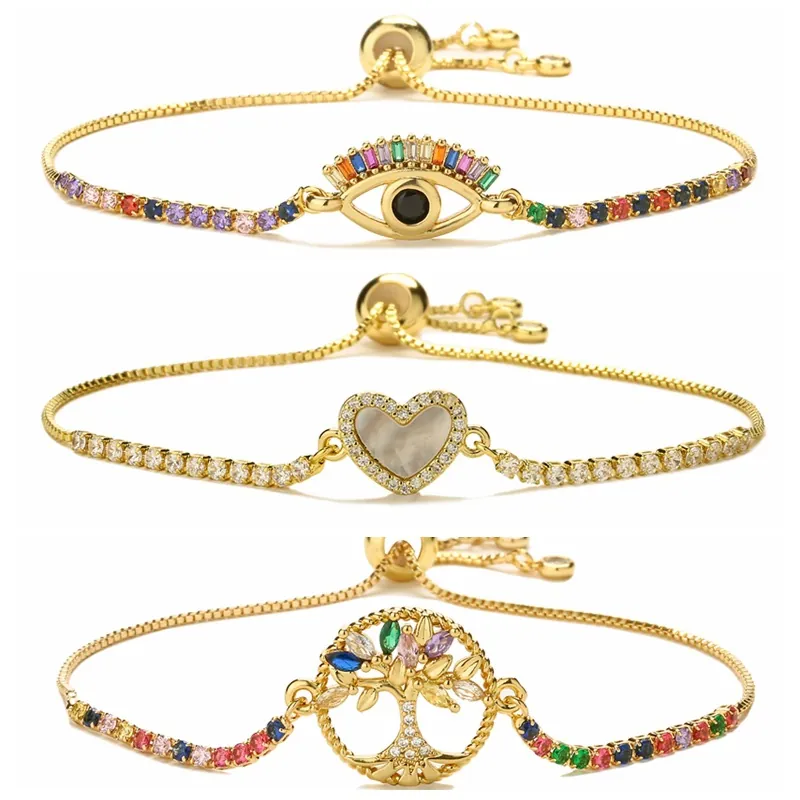 Bracelet Ajustable Cuivre Zircon Coquillage Mauvais Œil Cœur Arbre De Vie Ange Pendentif Bijoux Élégants