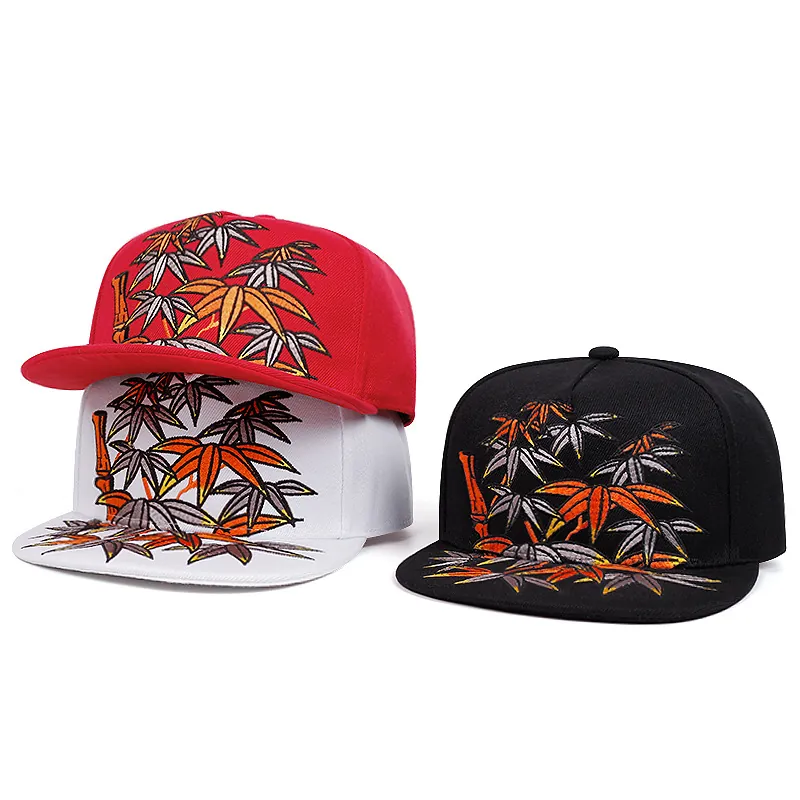 Snapback Baseball Hat Cotton Twill Bamboo Leaf Embroidery Adjustable Outdoor Hip Hop Streetwear Men Women