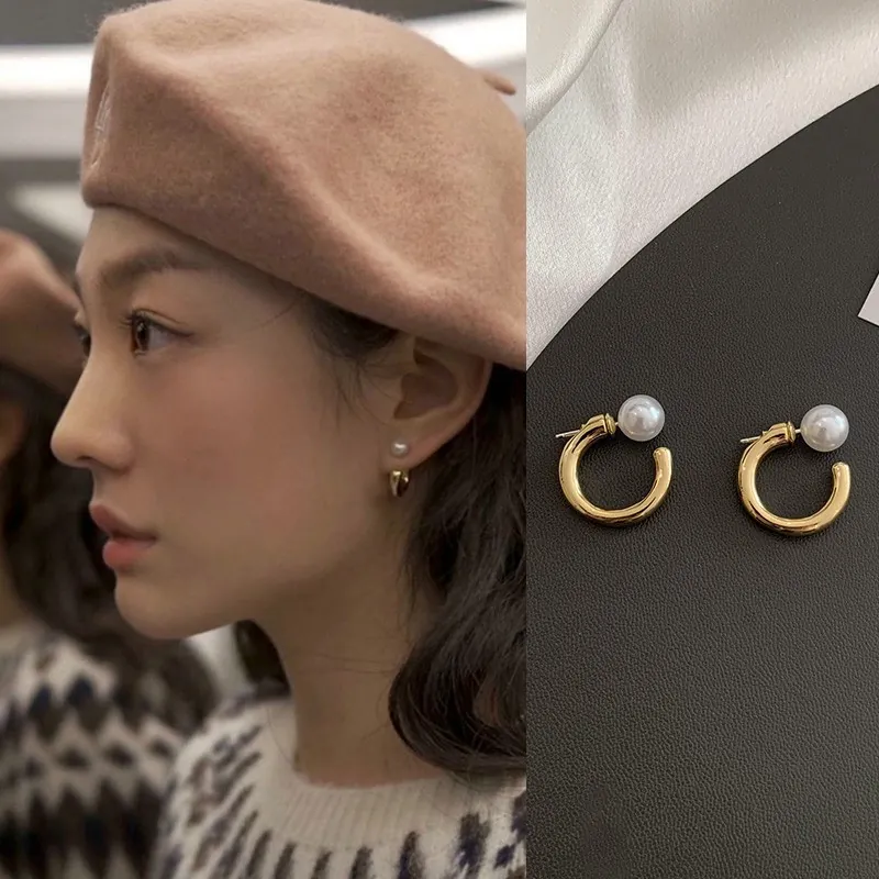 C-Shaped Hoop Artificial Pearl Earrings With 925 Sterling Silver Earring Post Alloy Minimalist Elegant Korean Style For Women