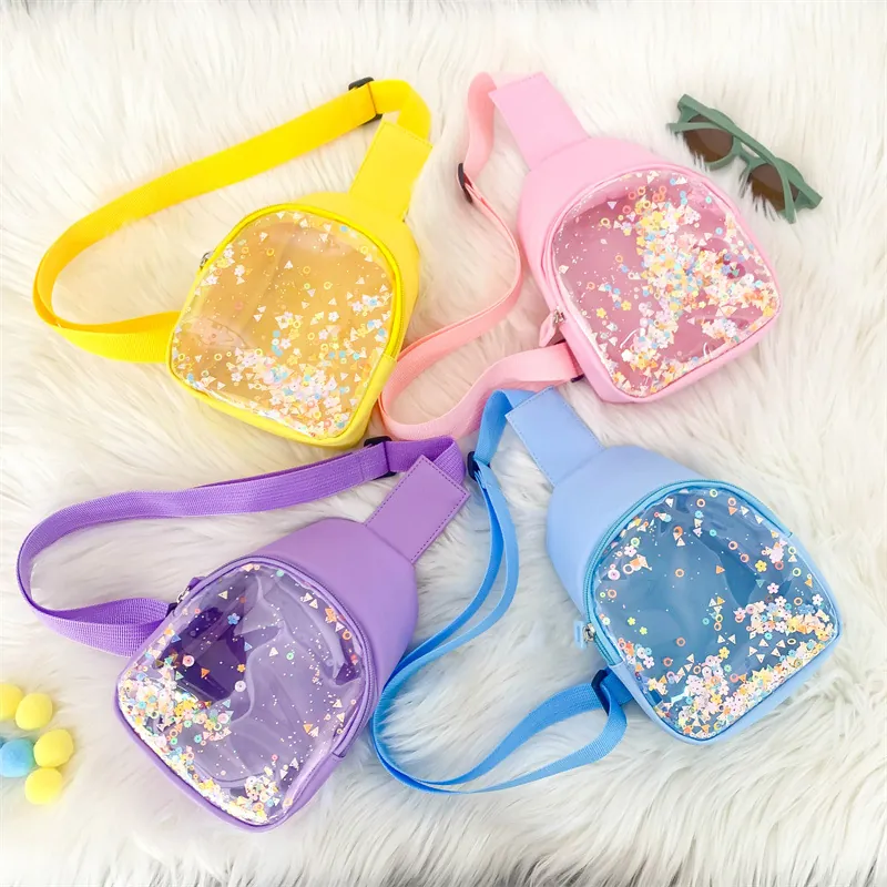 Kids Chest Bag PU Transparent Sequin Crossbody Waist Bag For Boys Girls Fashion Colorful Quicksand Accessory